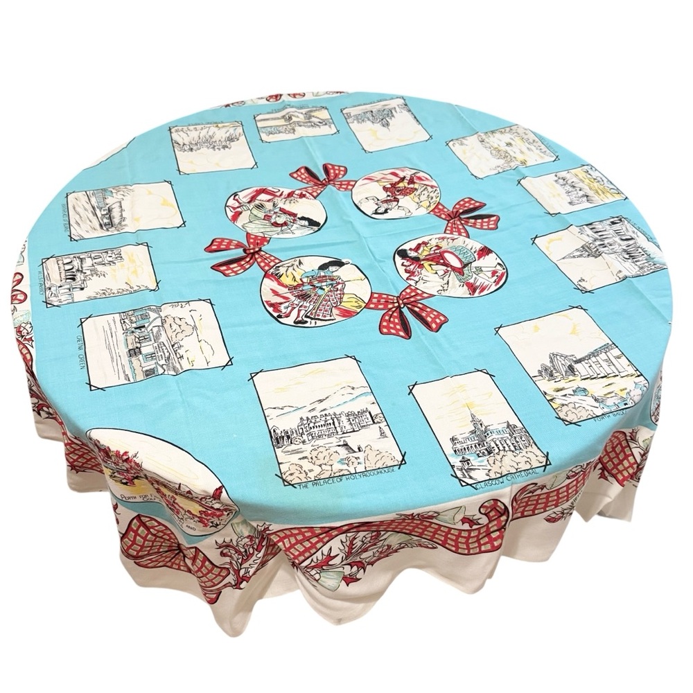 Vintage Style Blue & Red Tablecloth Scottish Landmark GLASGOW CATHEDRAL PERTH